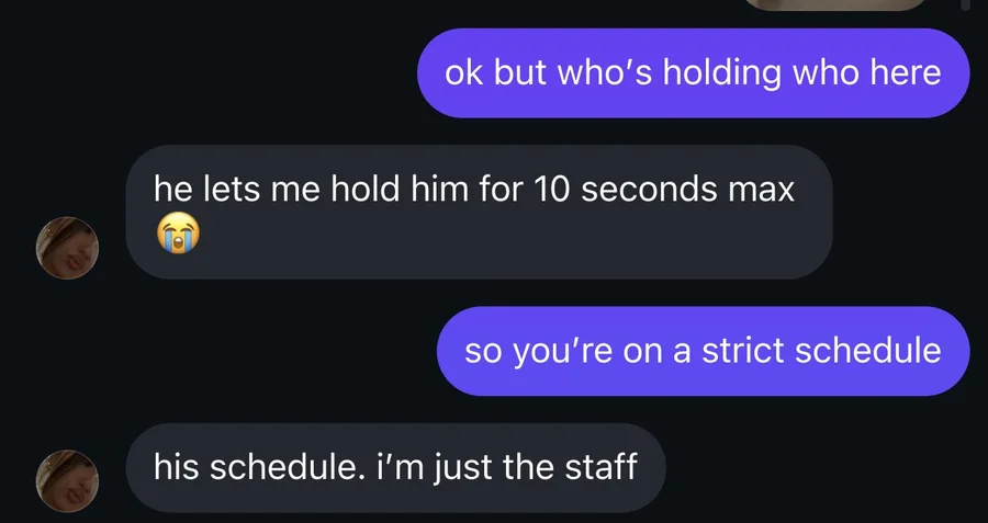 The end of the screenshot: she says 'his schedule. i'm just the staff'.