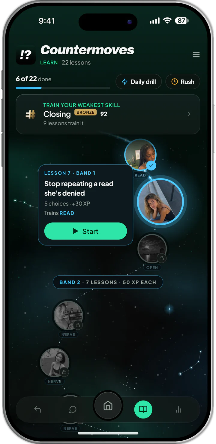 Learn in the app: the 22 lessons as a path of stars, the next lesson open, with the daily drill and Rush.