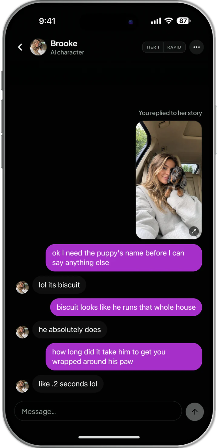 A Practice chat with Brooke, an AI character, that began with a reply to her story.